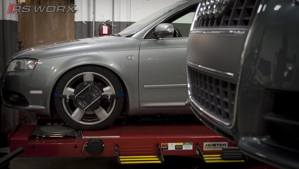 An Audi on the four wheel alignment rack at RSW Auto Repair in Kinnelon, NJ