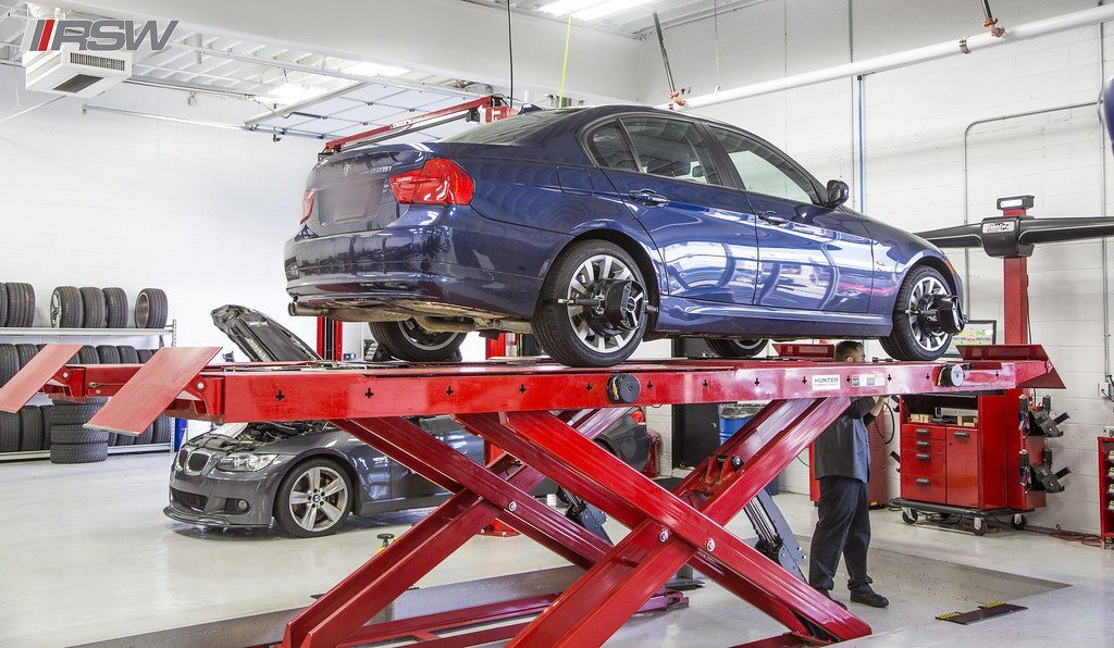 BMW 3 Series on the alignment rack at RSW, the European specialist serving Kinnelon, NJ