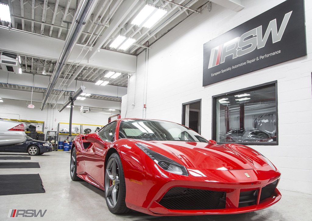 A Ferrari 488 in the service bay at RSW, European specialist auto repair serving Kinnelon, NJ