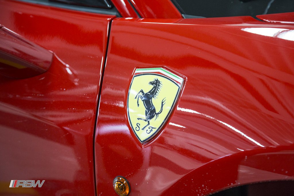 The Ferrari shield on the wing of a car in for service at RSW in Kinnelon, NJ