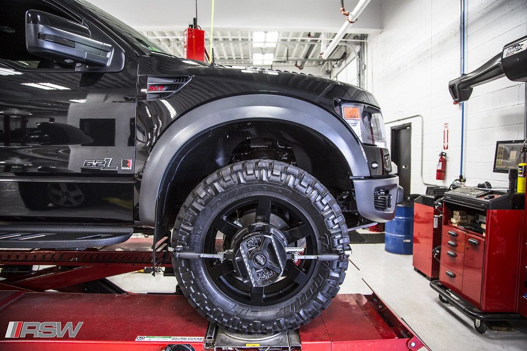 Wheel alignment being set on a Ford F-150 at RSW Auto Repair in Kinnelon, NJ
