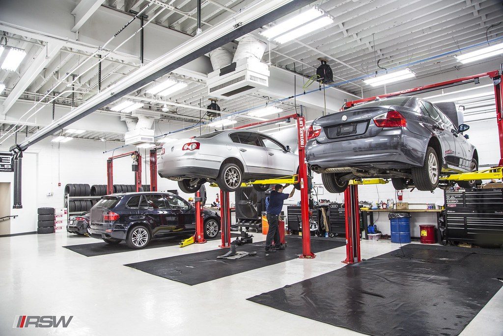 Cars on the lifts in the service bays at RSW Auto Repair in Kinnelon, NJ