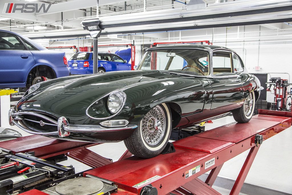 Jaguar E-Type on the lift at RSW, the European specialist serving Kinnelon, NJ