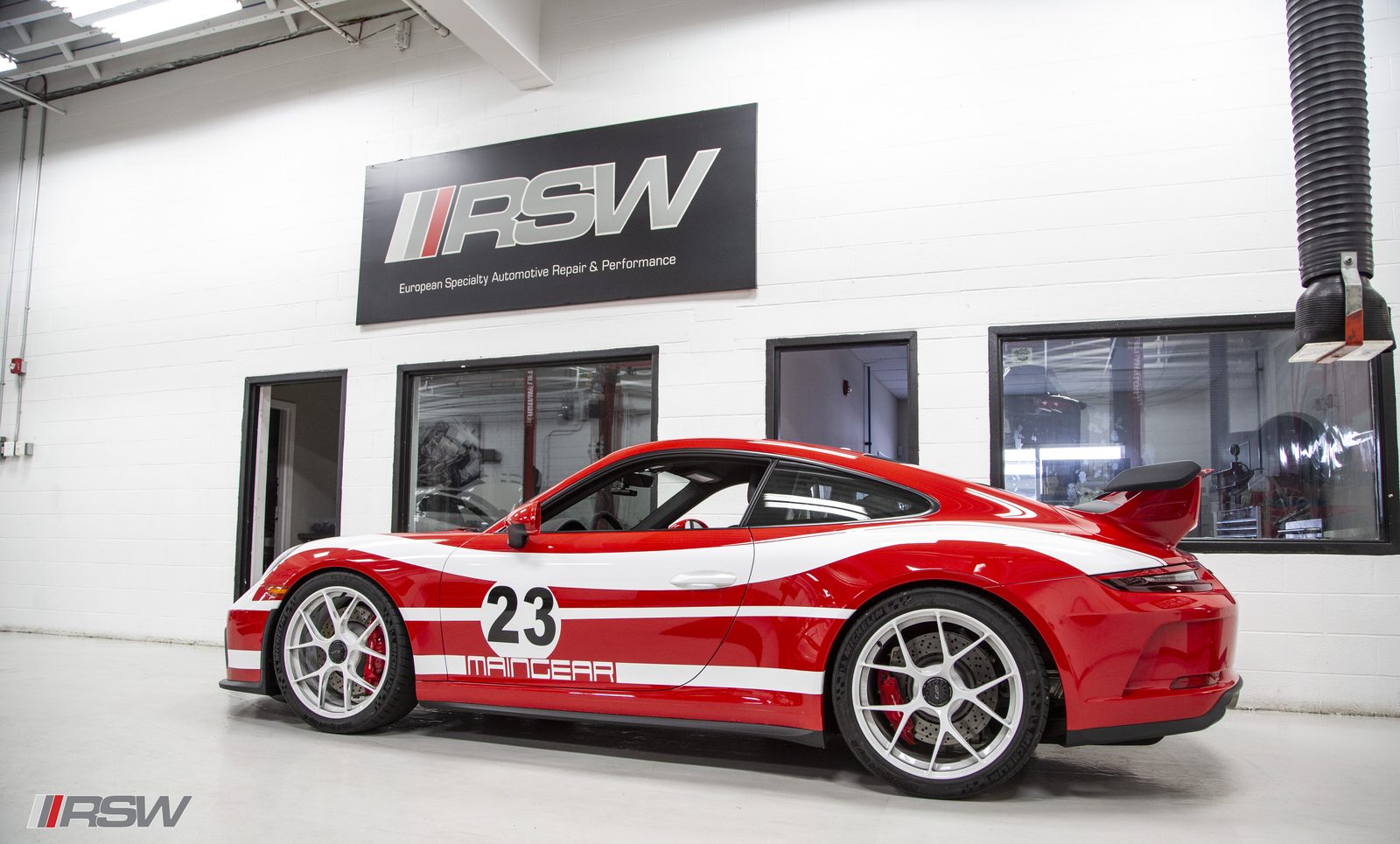 Porsche 911 GT3 in the service bay at RSW Auto Repair in Kinnelon, NJ