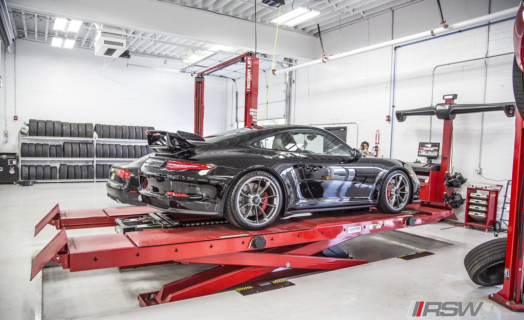 Porsche 911 on the alignment rack at RSW, the European specialist serving Kinnelon, NJ