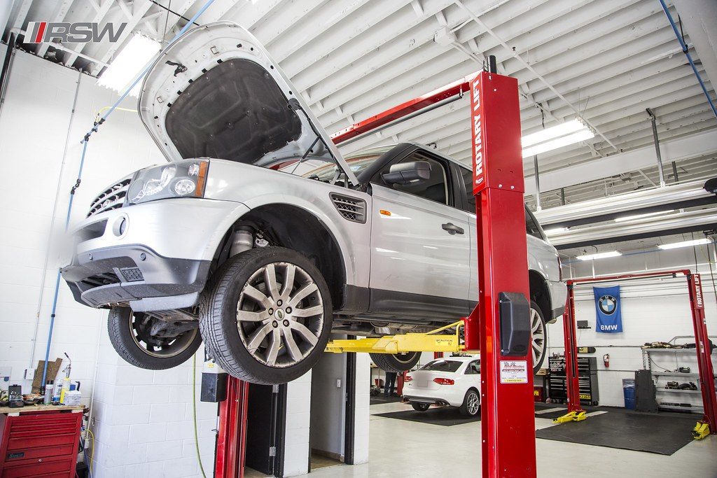 Land Rover Range Rover Sport raised on the two post lift at RSW Auto Repair in Kinnelon, NJ