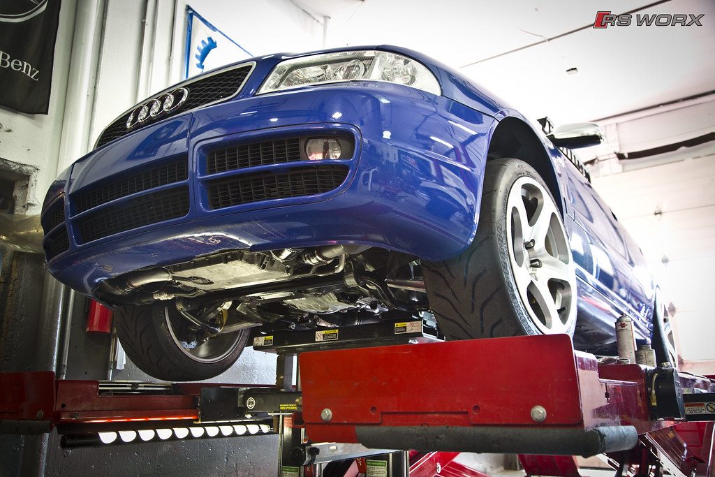 Underbody inspection on an Audi at RSW Auto Repair, a short drive from Wayne