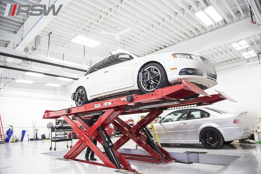 Service bays and the alignment rack at RSW Auto Repair in Kinnelon, NJ