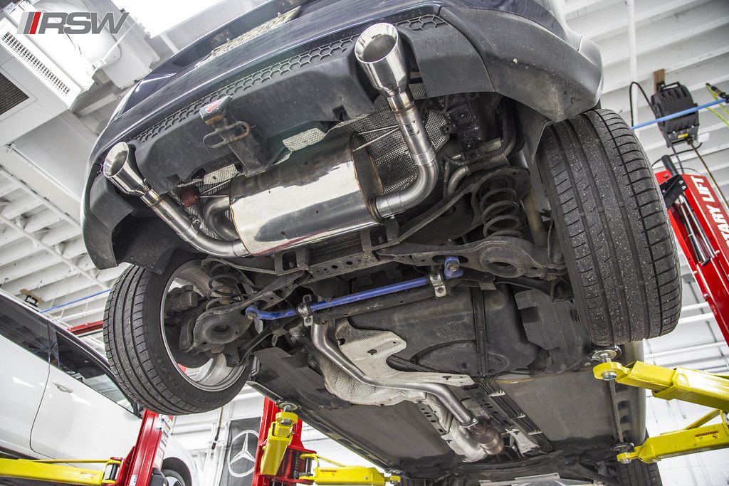 A car on the lift during service at RSW Auto Repair in Kinnelon, NJ