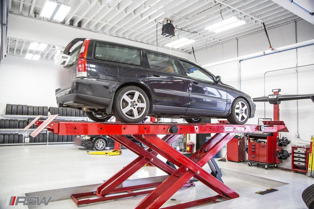 Volvo V70 wagon on the alignment rack at RSW, the European specialist serving Kinnelon, NJ
